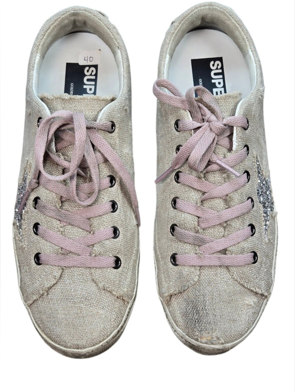 Golden Goose Superstar Distressed Linen Glitter Star Sneakers Pink Laces EU 40 - Picture 2 of 16